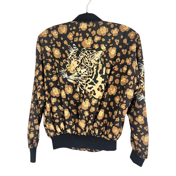 Retro Animal Print Bomber Jacket L Brown Leopard Safari Neutral Chic Festive 70s - Picture 2 of 14